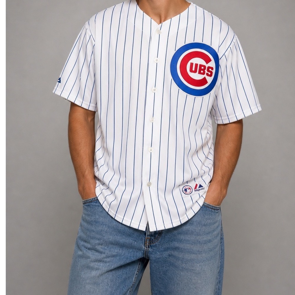 Majestic Chicago Cubs MLB Baseball Jersey White Pinstripe Men Large Button Front